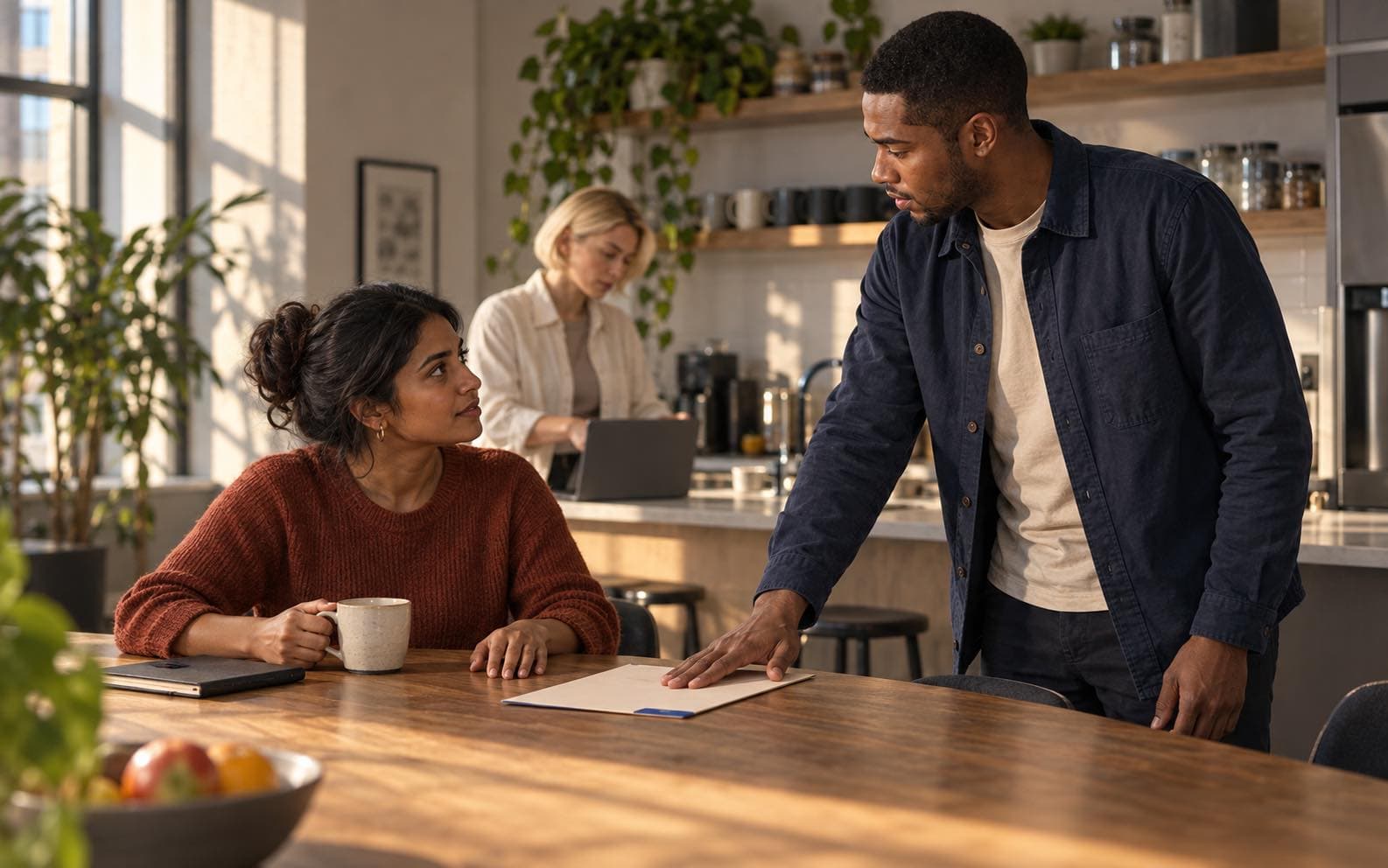 Leon slides a paper folder toward Priya across a shared kitchen table as they clarify a work handoff.