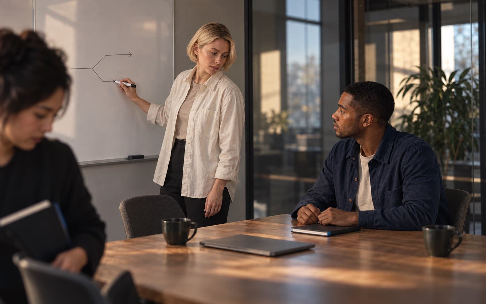 Mira marks two possible paths on a whiteboard while Leon listens and a teammate prepares to leave the meeting.