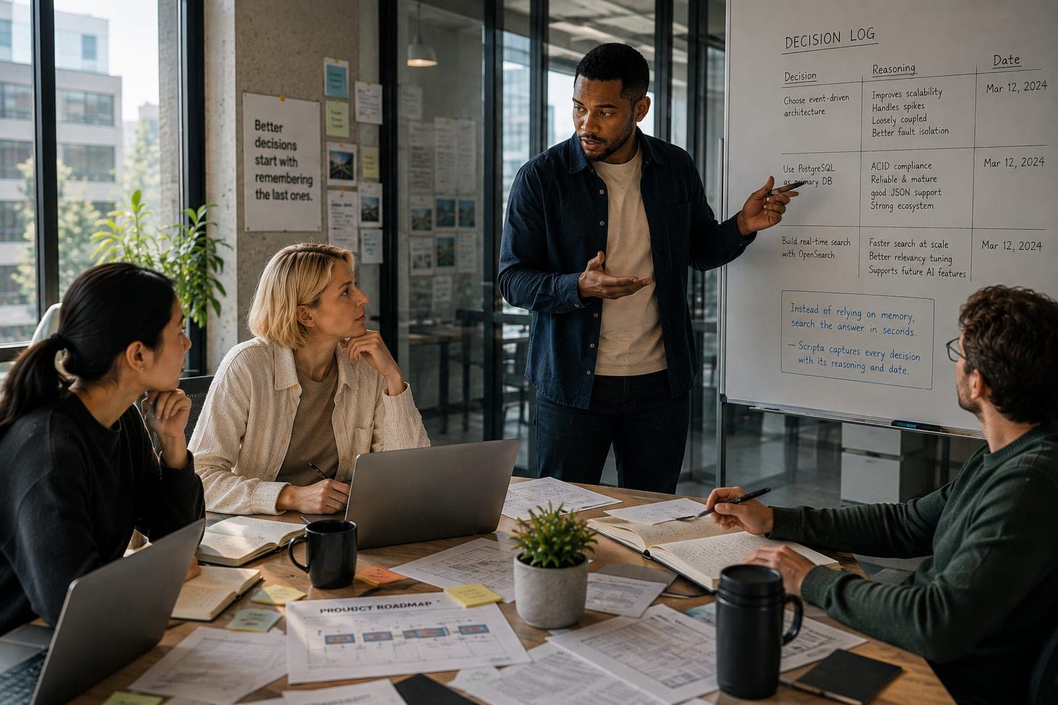 A colleague stands at a whiteboard headed Decision log — each decision beside its reasoning and the date it was taken — while three teammates follow from the table.