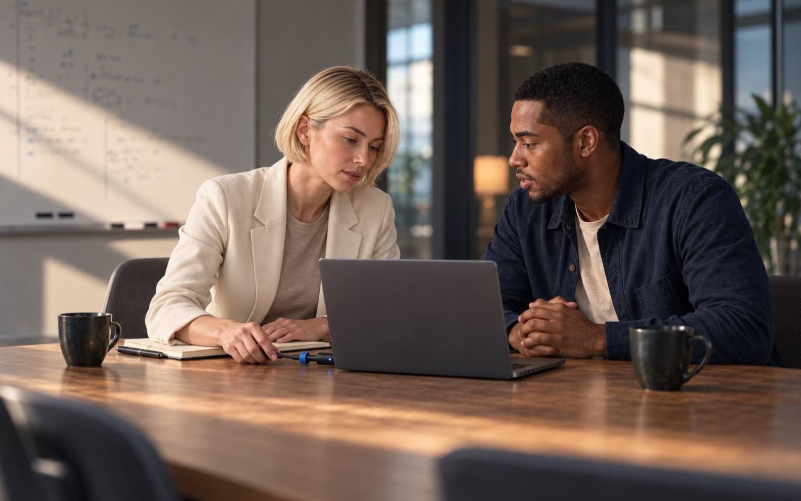 Mira adjusts a small audio cable beside a laptop while Leon watches in a meeting room.