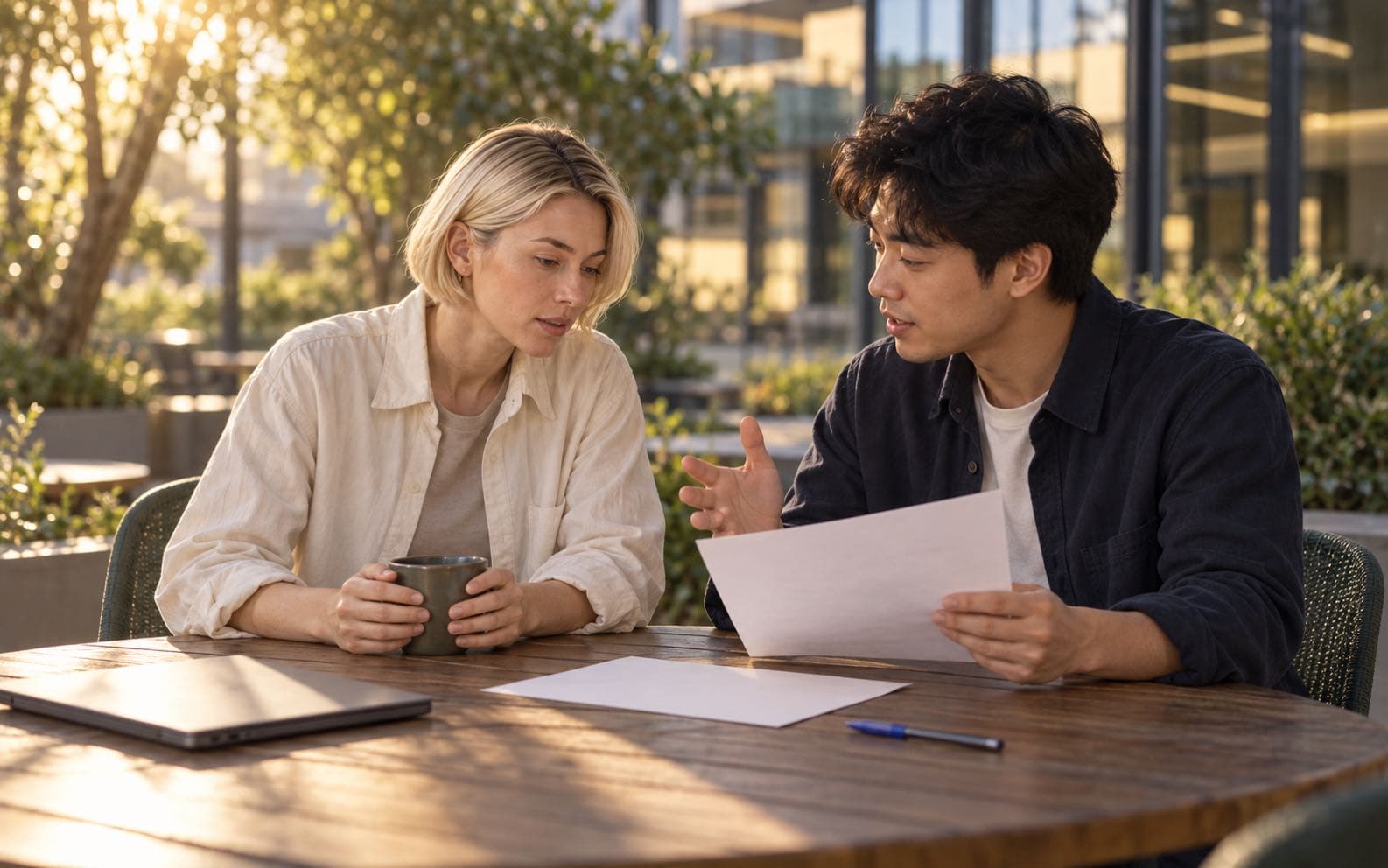 A teammate explains a blank process sheet back to Mira during a focused courtyard handoff conversation.