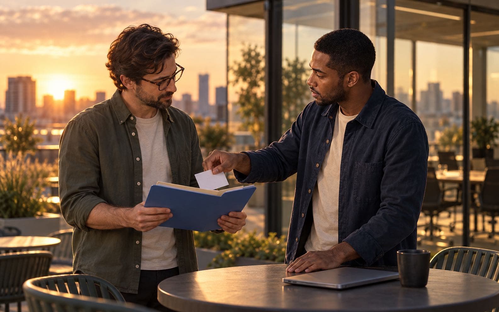 Leon hands a note card to a teammate holding a project folder on a rooftop terrace after a meeting.