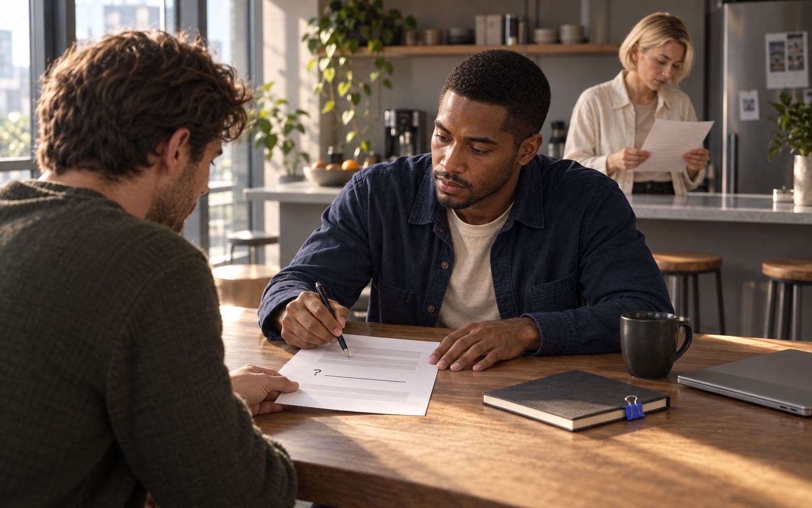 Leon marks a question on a short meeting brief while a teammate receives it and Mira reviews a page in the background.