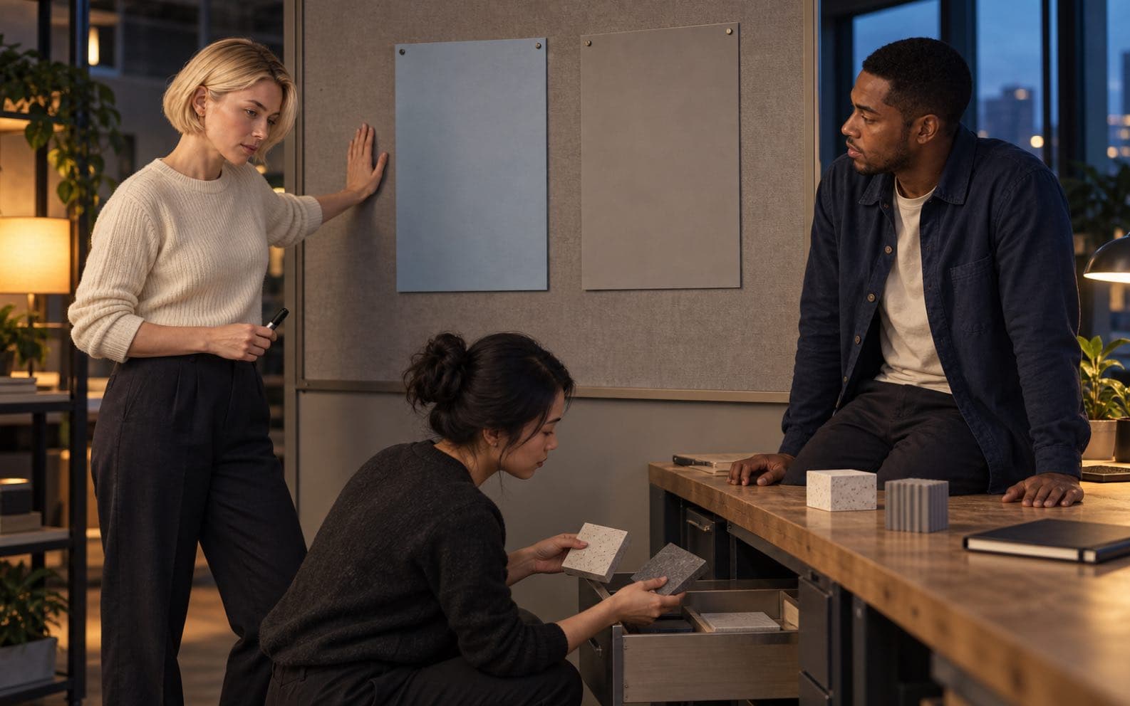 Mira and Leon pause while a teammate compares material samples during an unresolved late-evening decision meeting.