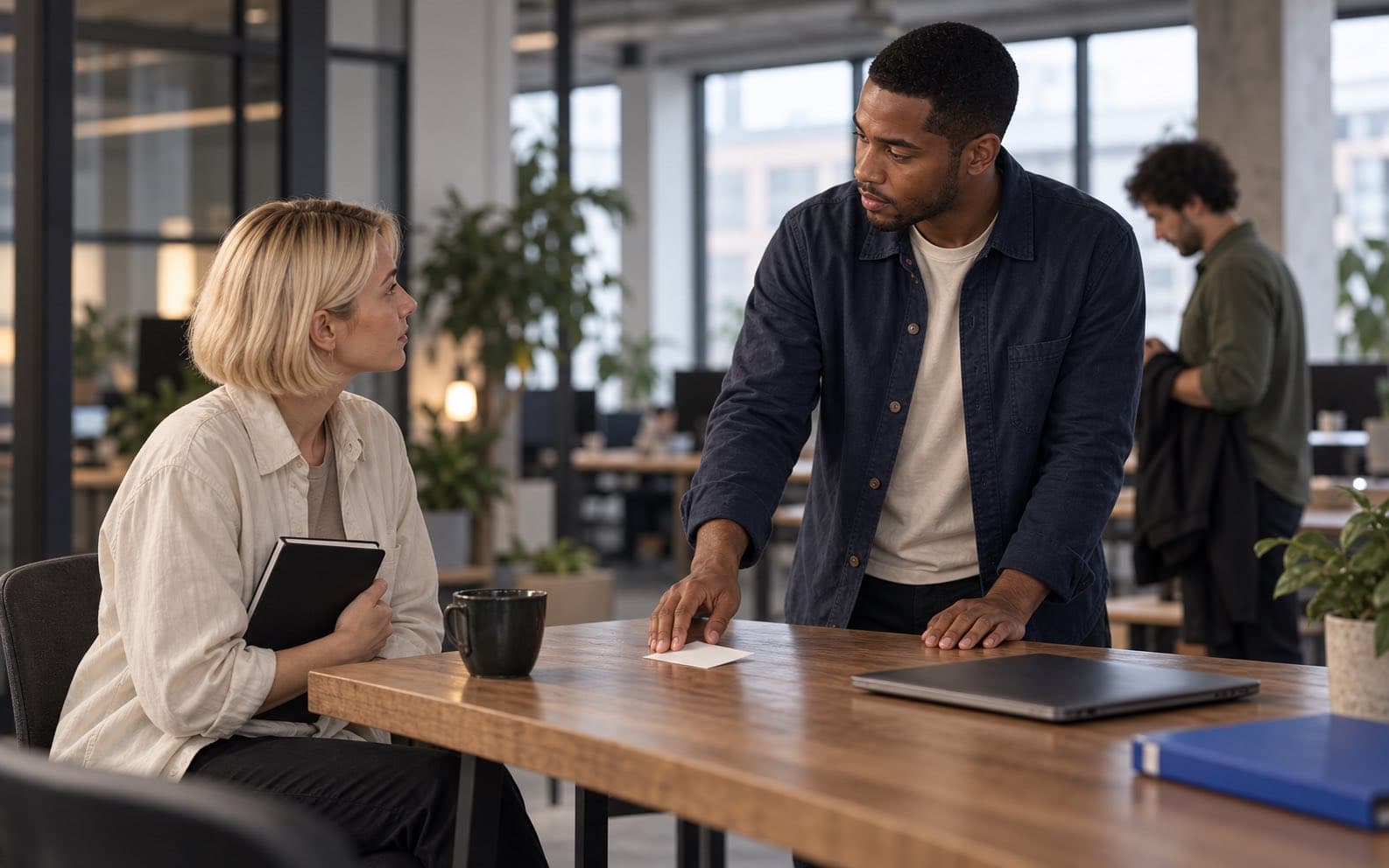 Leon resets an overdue commitment with Mira during a brief follow-up in an open studio workspace.