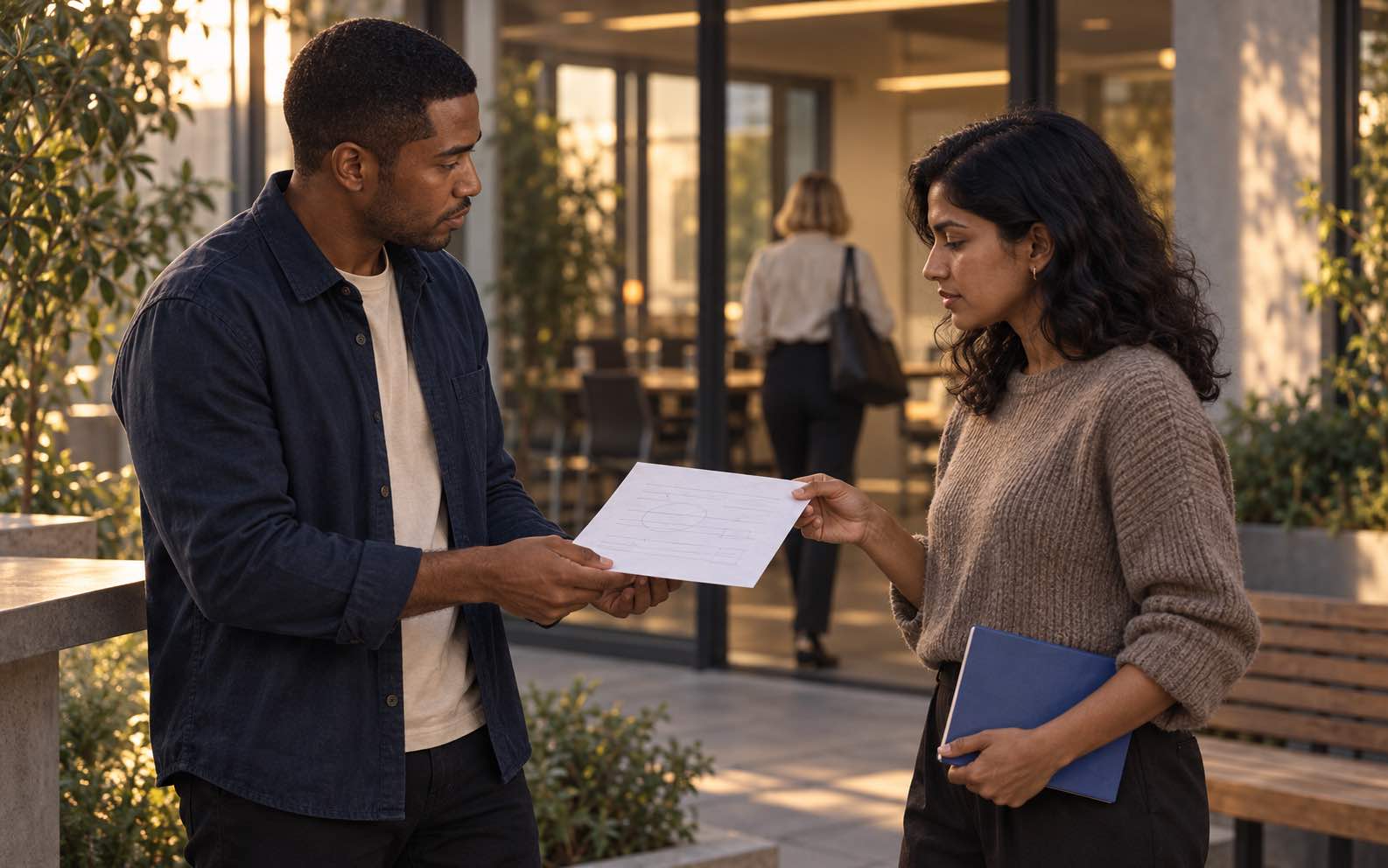Leon hands a marked meeting note to a teammate who is ready to investigate the unanswered question.