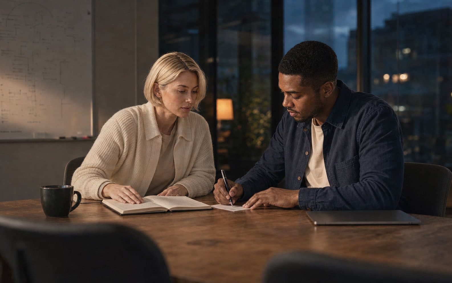 Leon writes down his owned action while Mira keeps the source meeting notes open beside him.