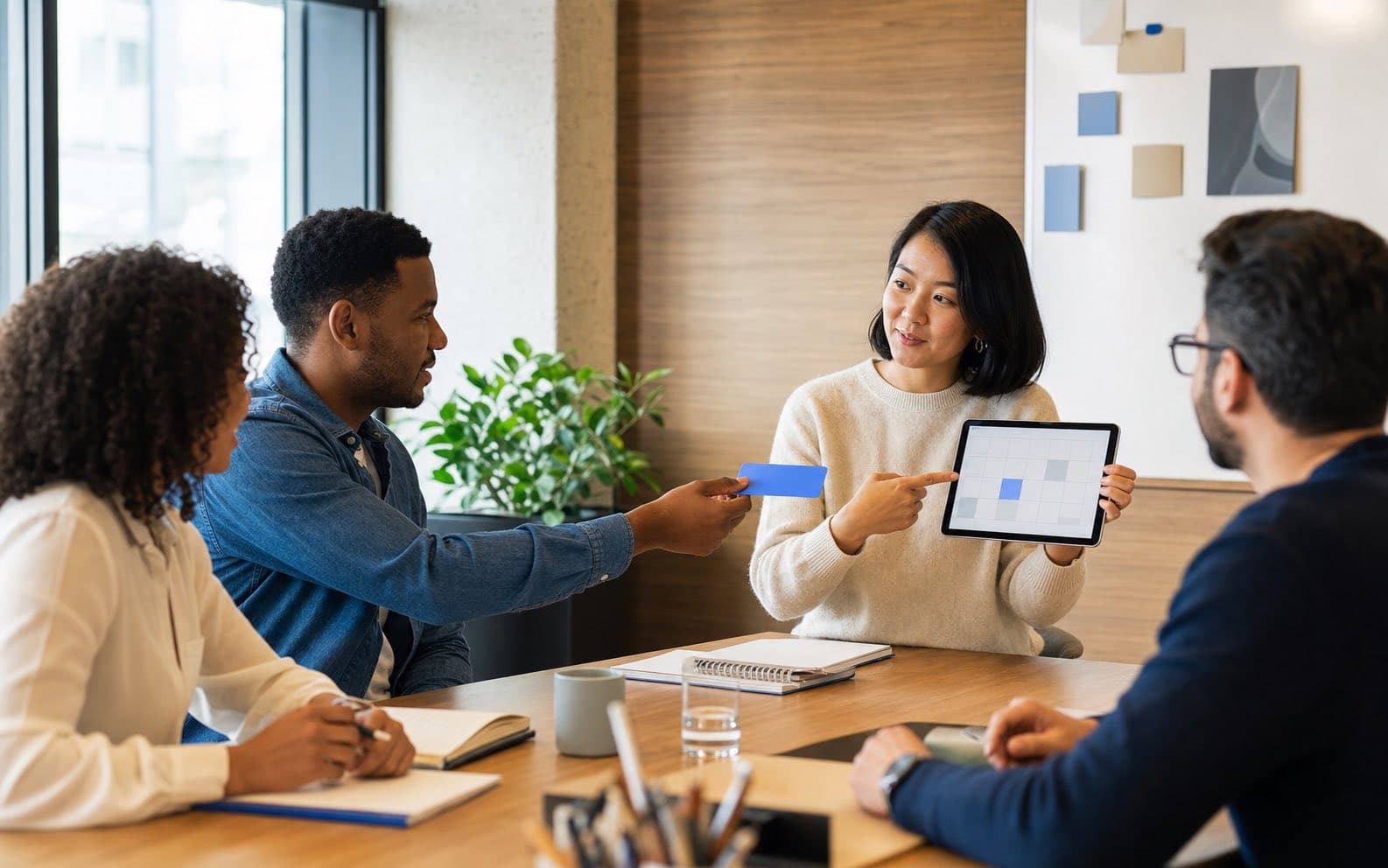 Coworkers assign a blue task card to one owner and confirm its deadline on a calendar during a meeting.