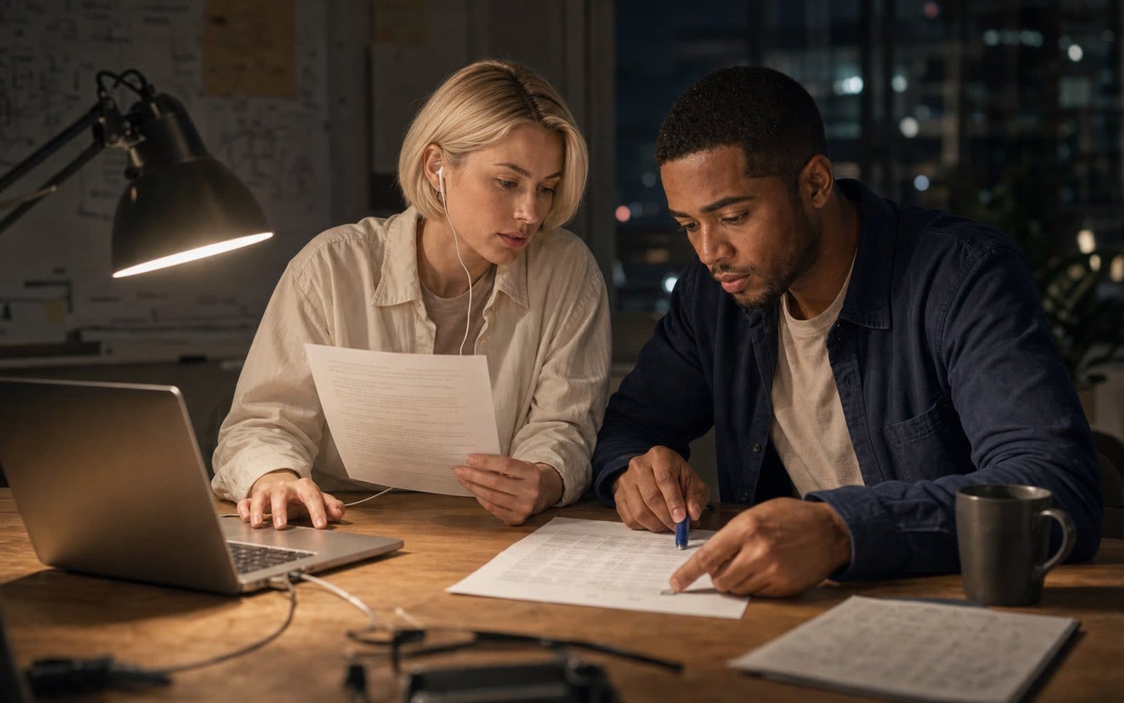 Mira and Leon verify an AI meeting summary against its source transcript during an evening review.