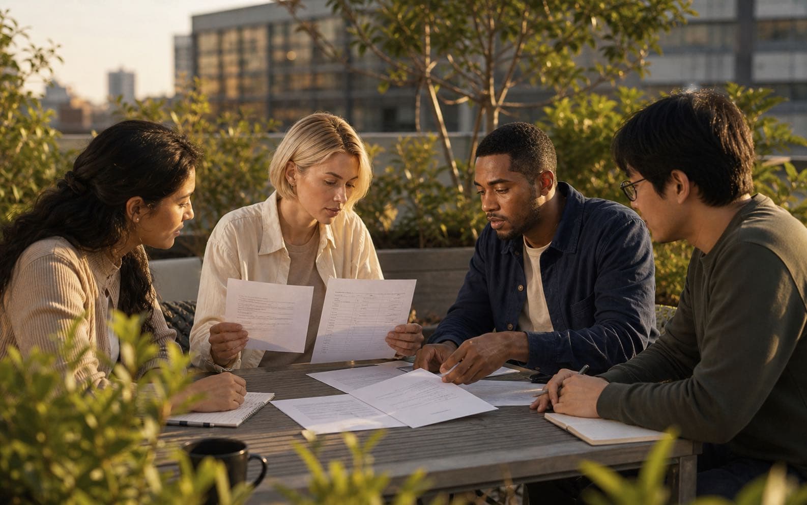Mira, Leon and two teammates verify an answer against dated meeting records during a rooftop session.
