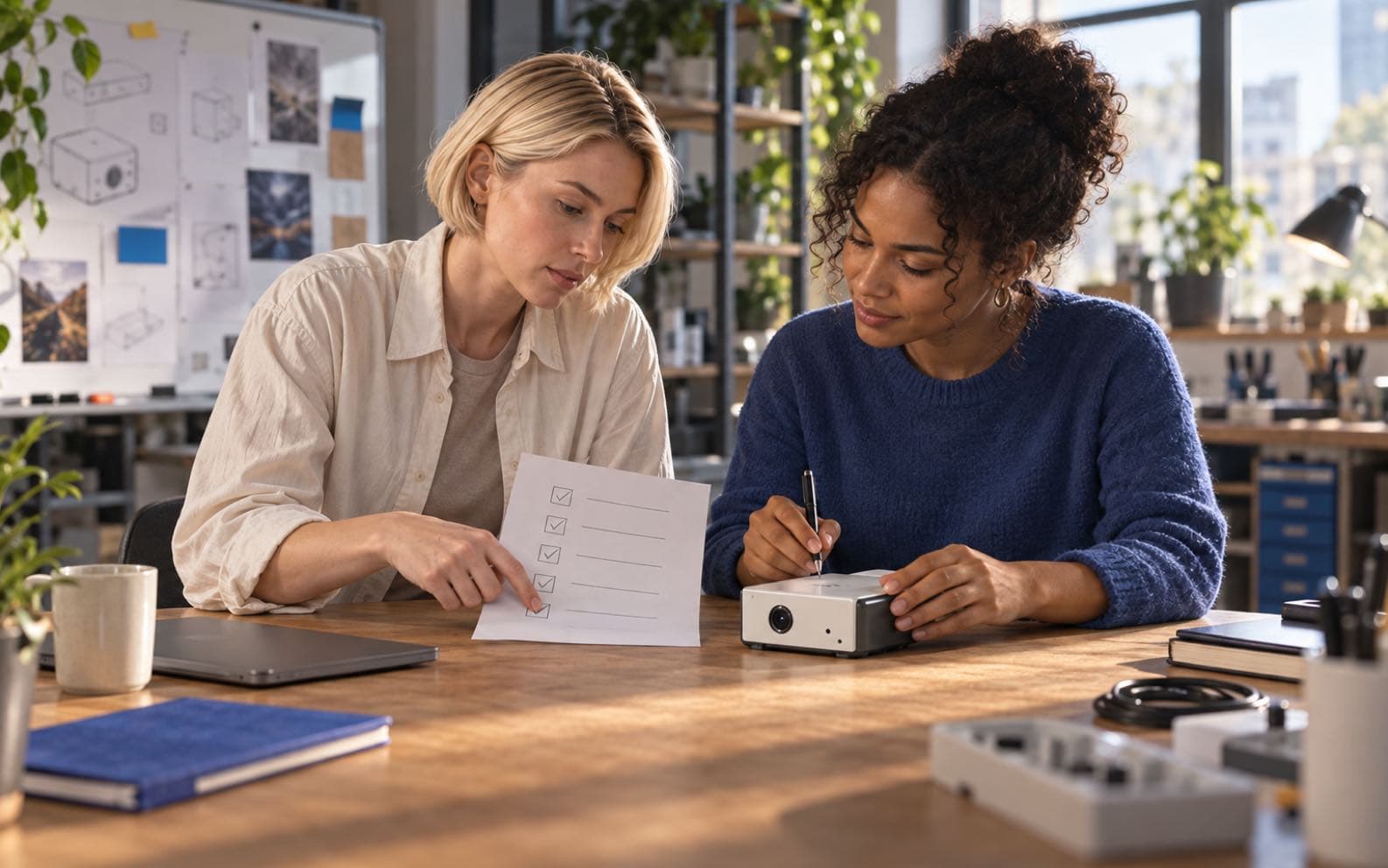 Mira and a teammate compare a printed checklist with a finished prototype at a bright studio workbench.
