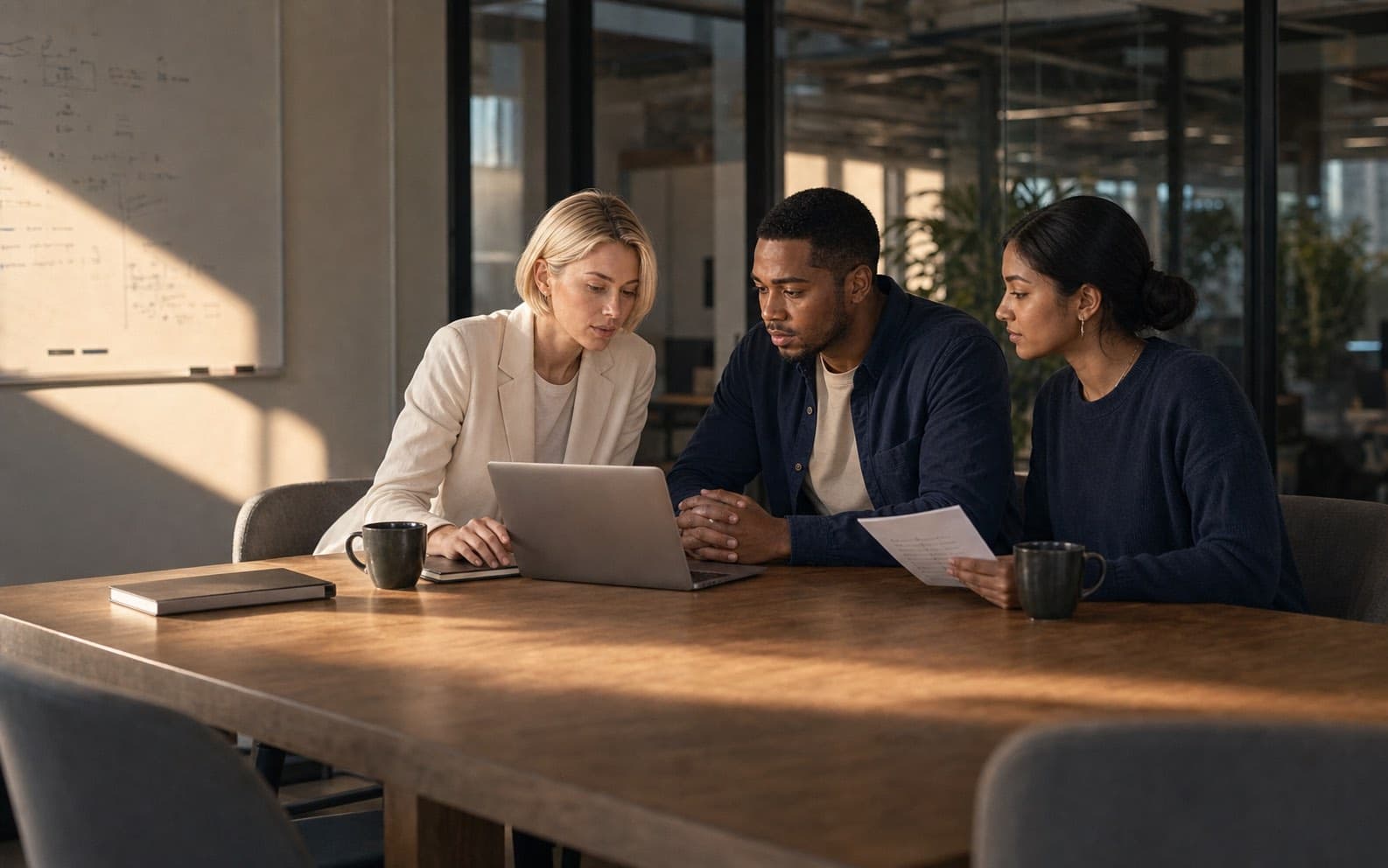 Mira and Leon review client access with a teammate after a project closeout meeting.