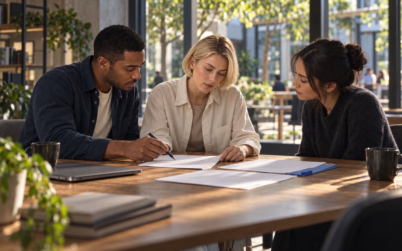 Mira and two teammates carefully review printed meeting minutes at a sunlit project table.