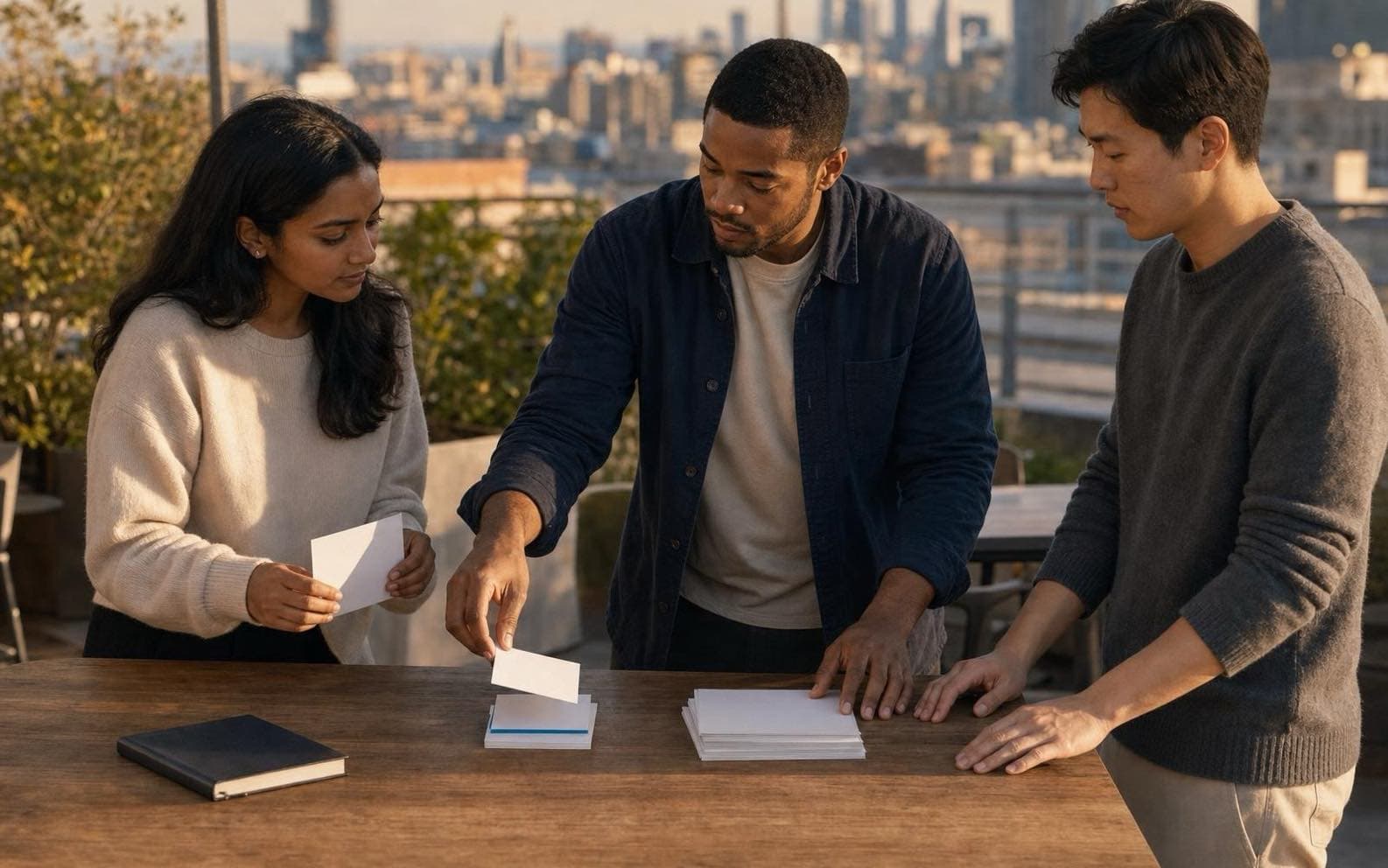 Leon and two teammates sort meeting notes into a small stack of real commitments and a separate reference pile on a rooftop terrace.