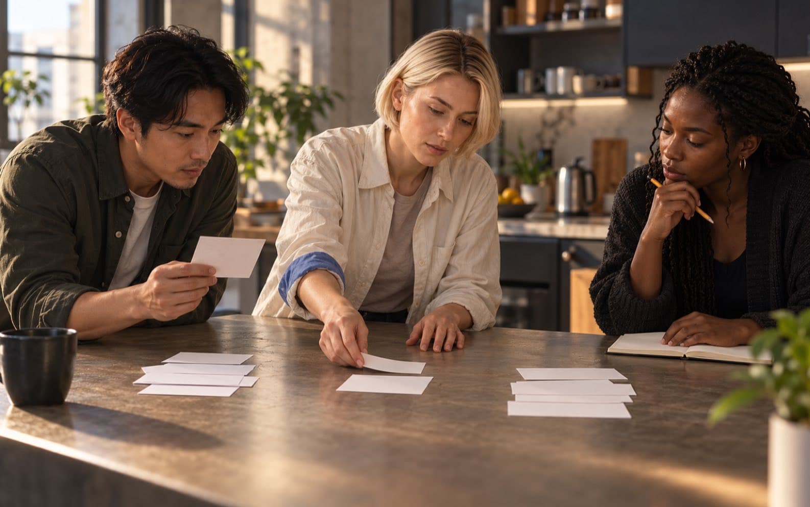 Mira and two teammates sort meeting note cards into distinct groups around a well-used studio kitchen table.