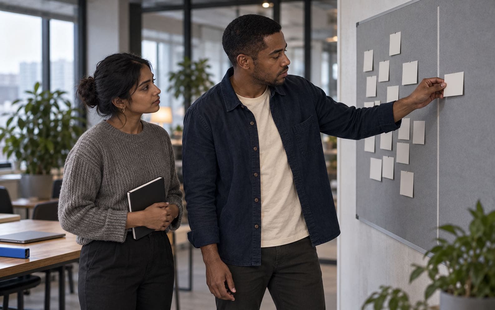 Leon moves a blank action card on a planning wall while a teammate watches the deadline become explicit.