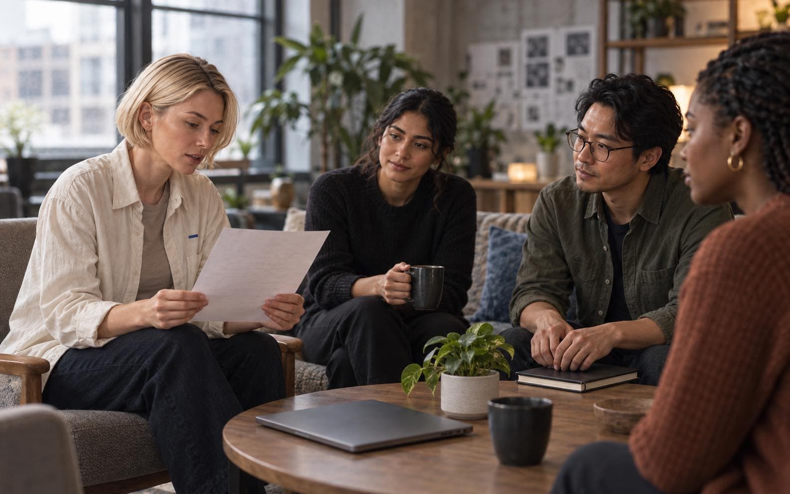 Mira reads a short handwritten recap to three teammates as the meeting finishes in a bright studio lounge.