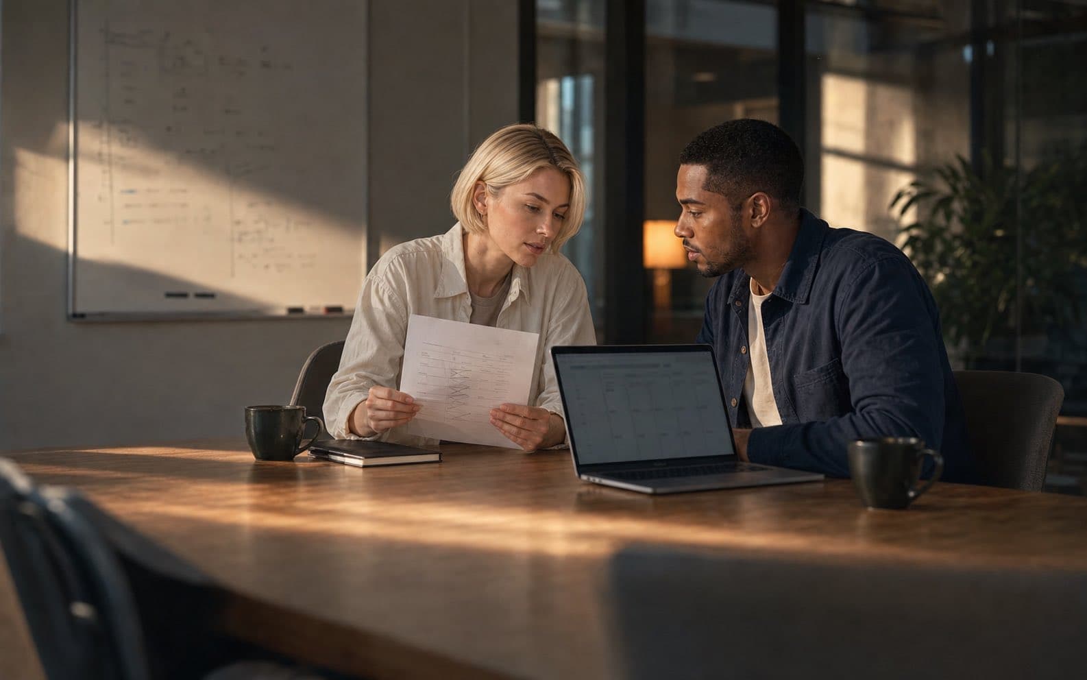 Mira and Leon quietly review a recurring meeting record in the late-afternoon office light.