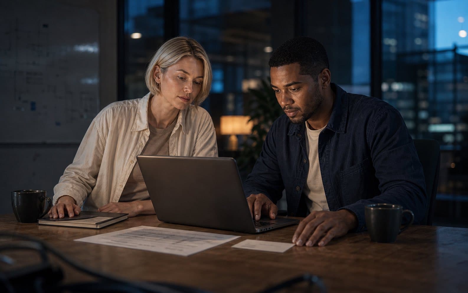 Mira and Leon review their first connected meeting workspace together in the evening office.