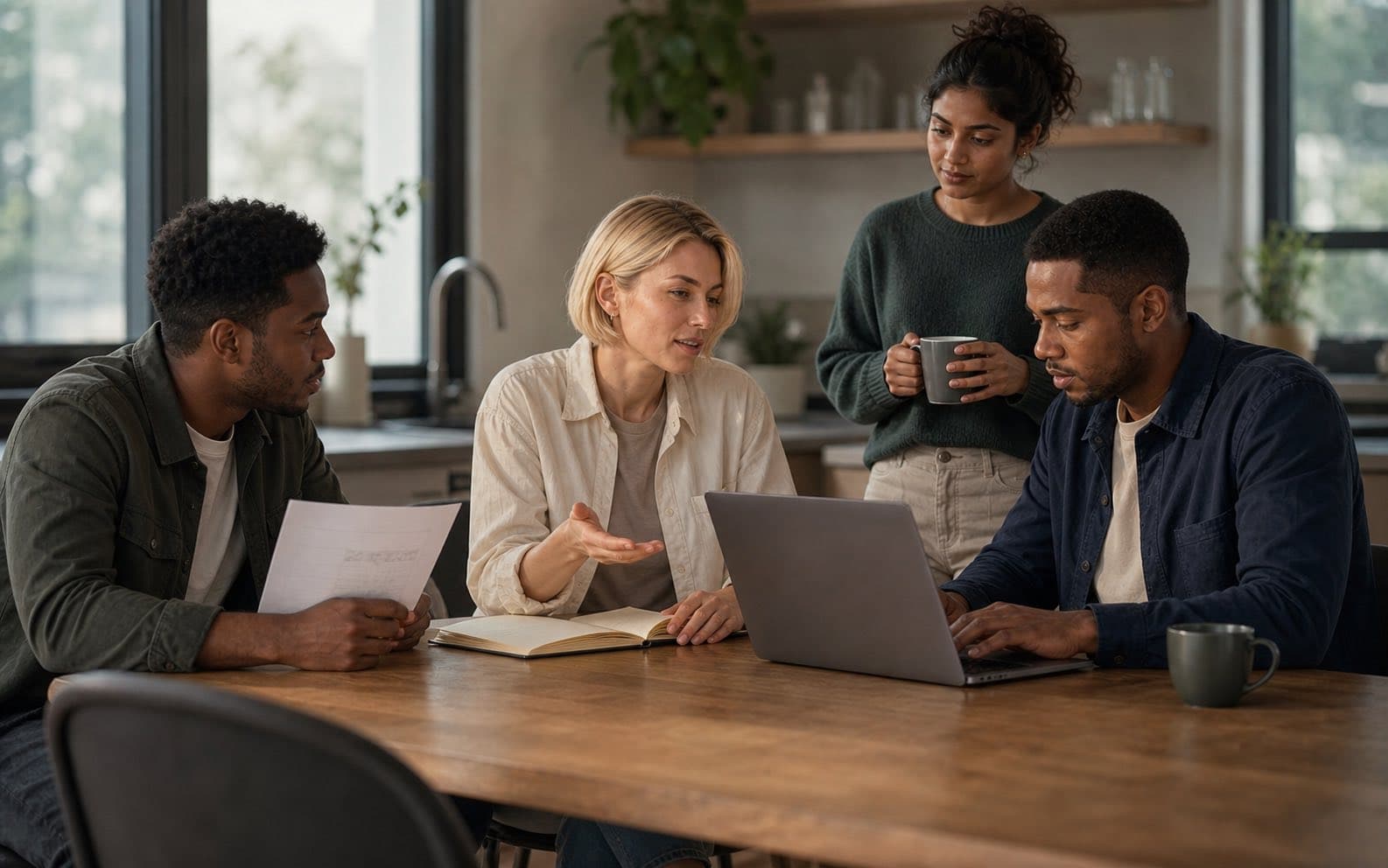 A teammate asks a follow-up question while Mira explains and Leon records the answer in their meeting thread.