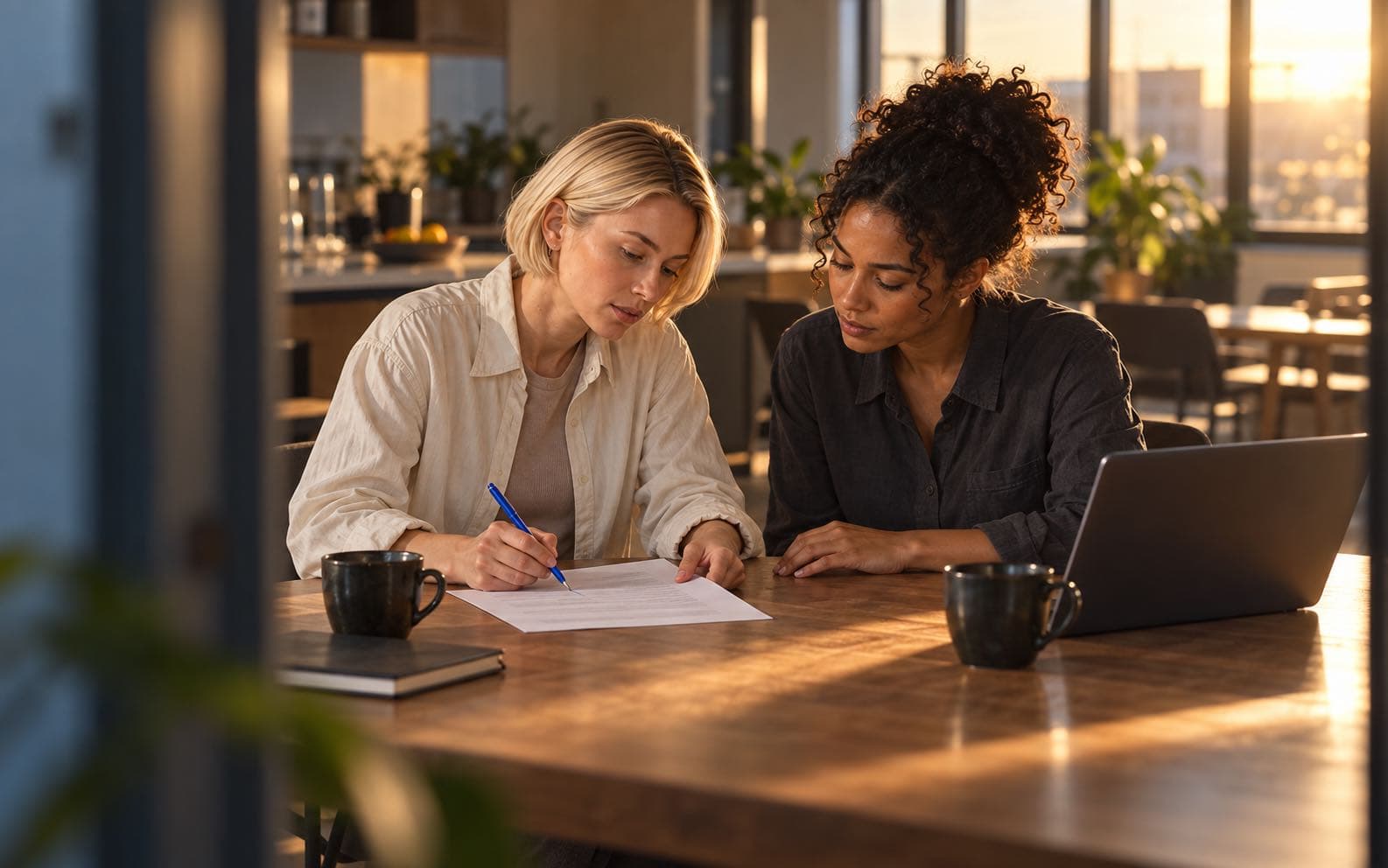 Mira and a teammate review one correction on a printed meeting record after the room has emptied