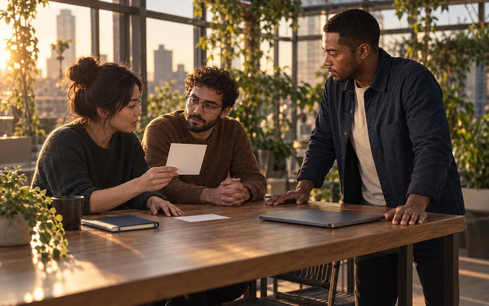 Leon stands beside a small planning table and listens as two teammates compare options before a meeting.