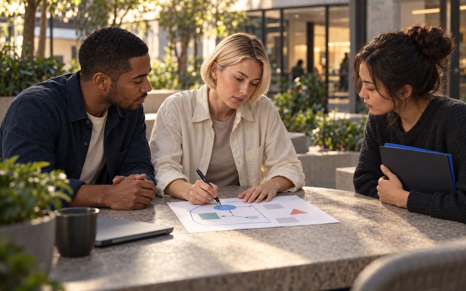 Mira draws a boundary around part of a plan while two teammates check the scope of a meeting decision.