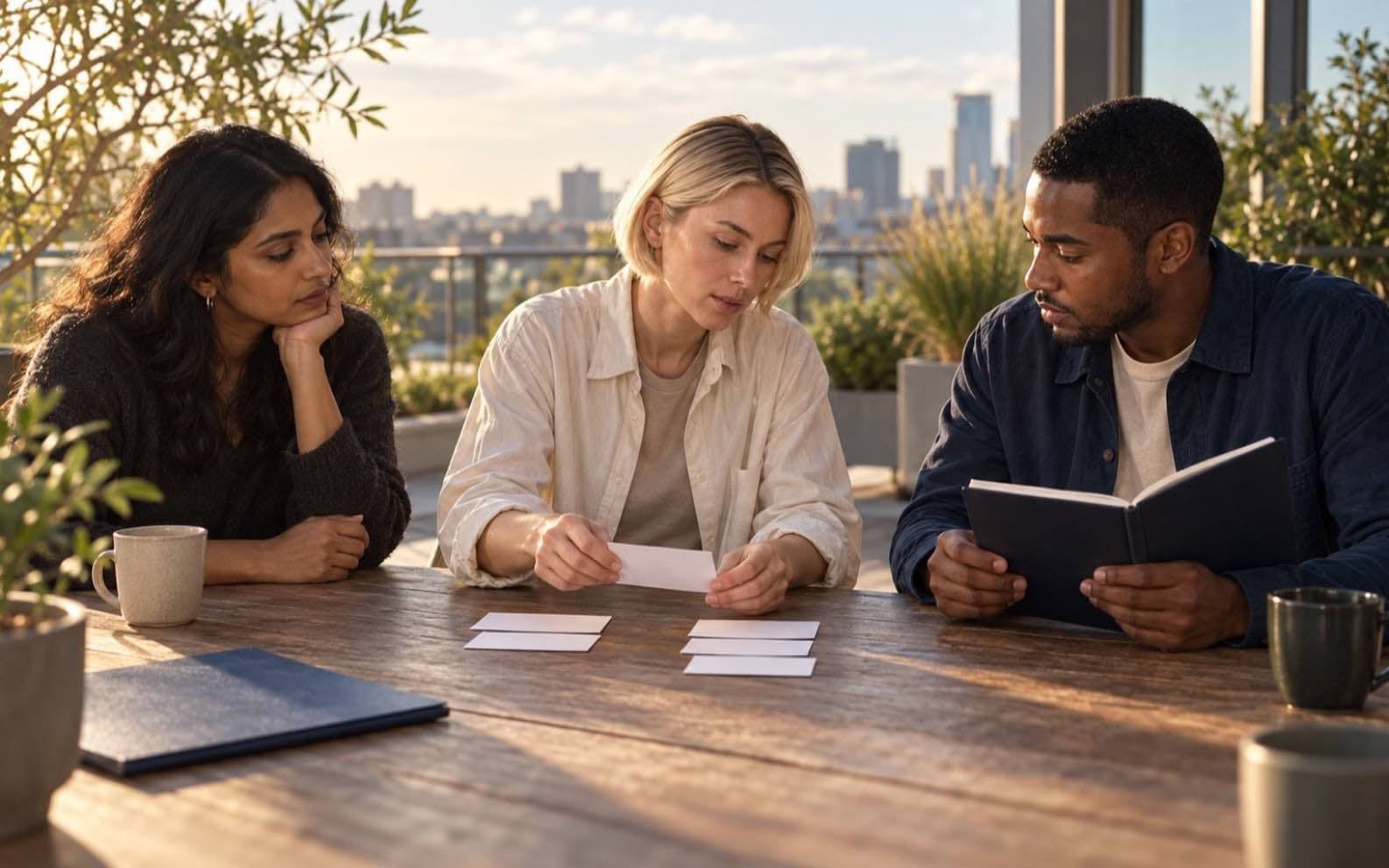 Mira arranges white cards on a table while Priya watches and Leon holds an open notebook.