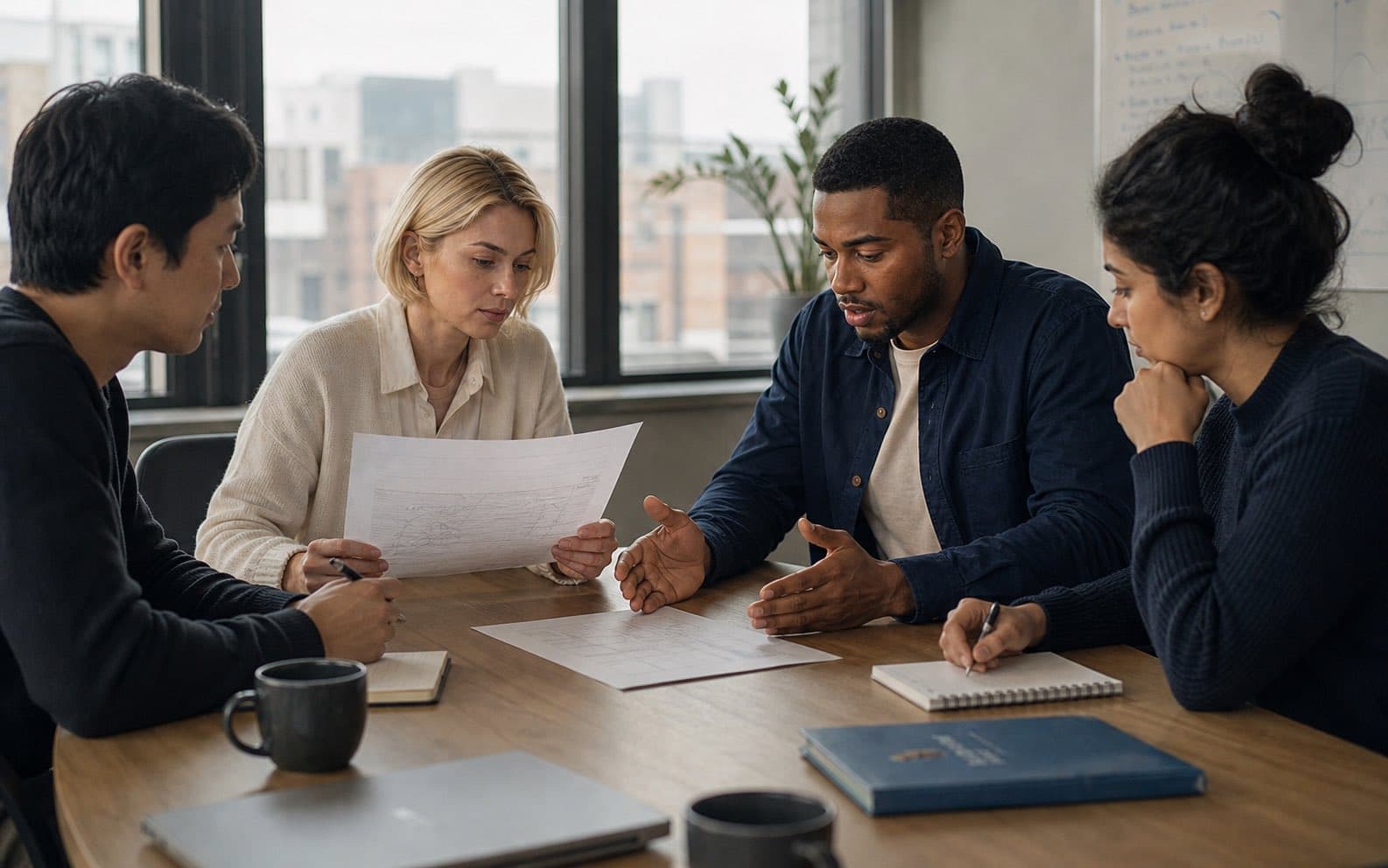 Leon leads a focused decision review while Mira and two teammates compare new evidence at the meeting table.