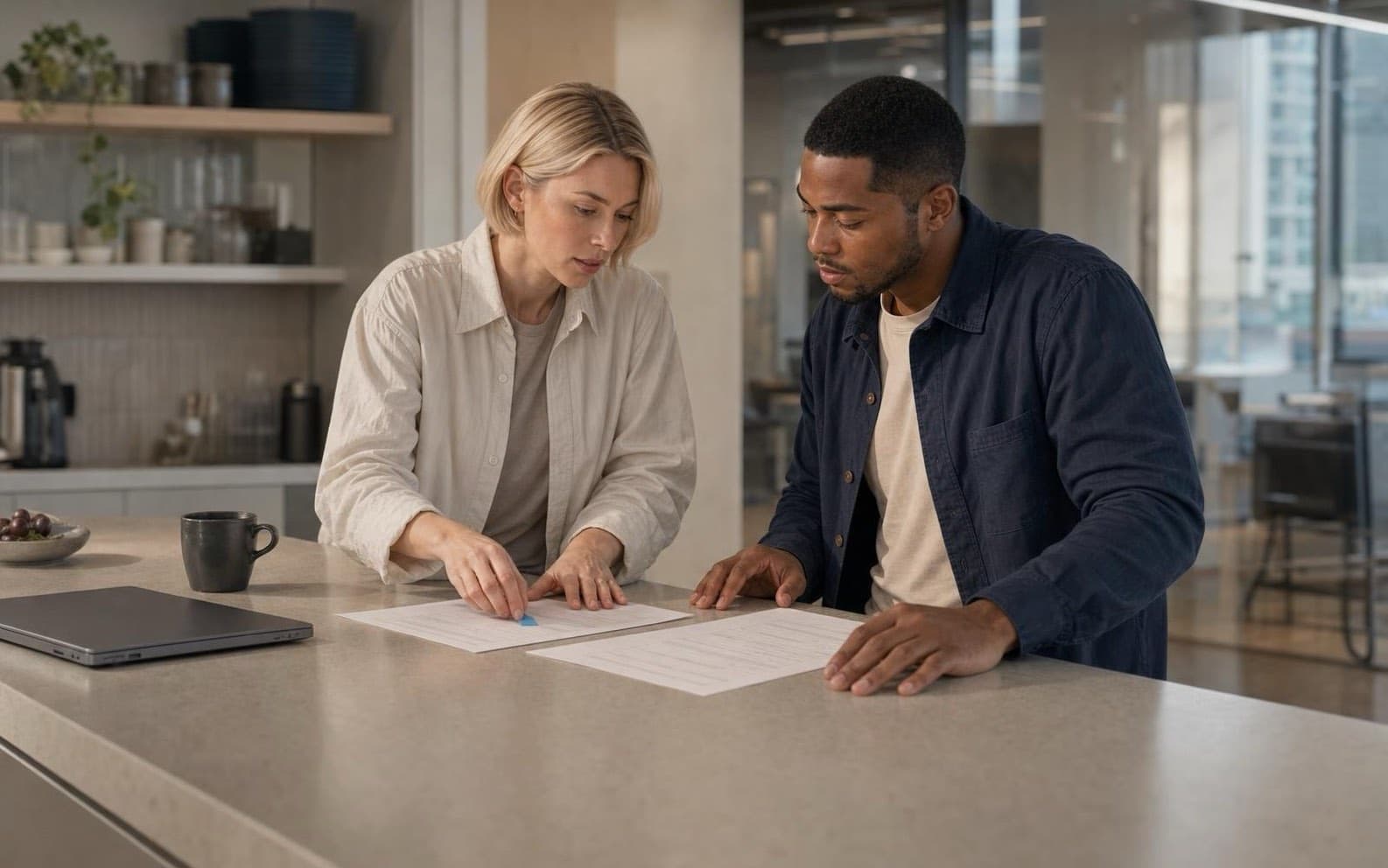 Mira and Leon compare two meeting recaps at an office kitchen island while marking one precise correction.