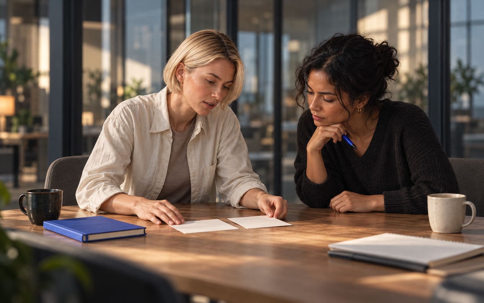 Mira compares two note cards with a teammate at a meeting table while they correct the record together.