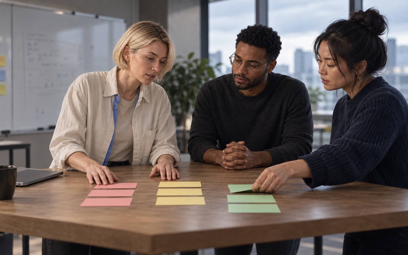 Mira sorts constraint cards with two teammates around a standing table before a decision meeting.