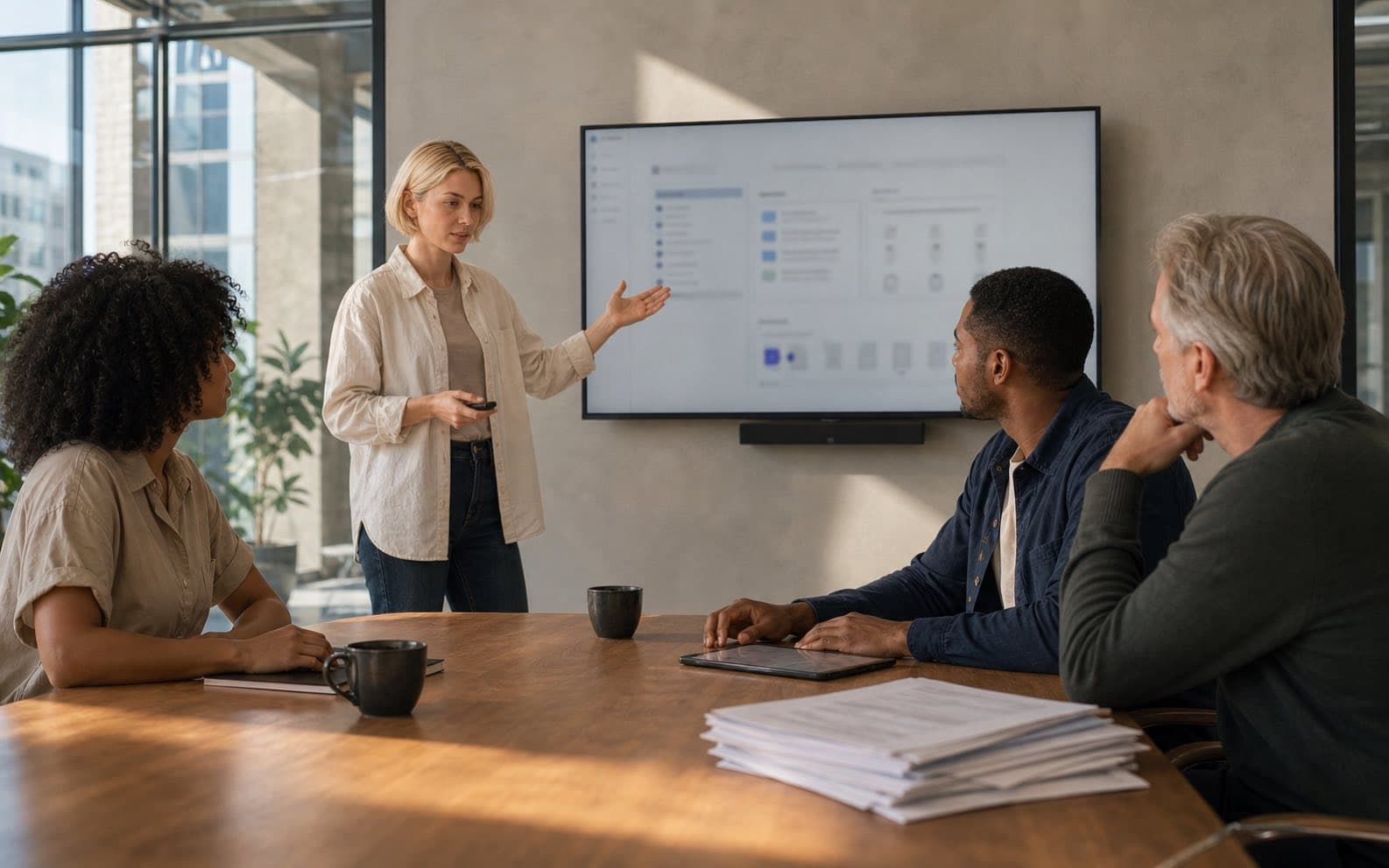 Mira presents one shared meeting workspace to Leon, a teammate and an external client.