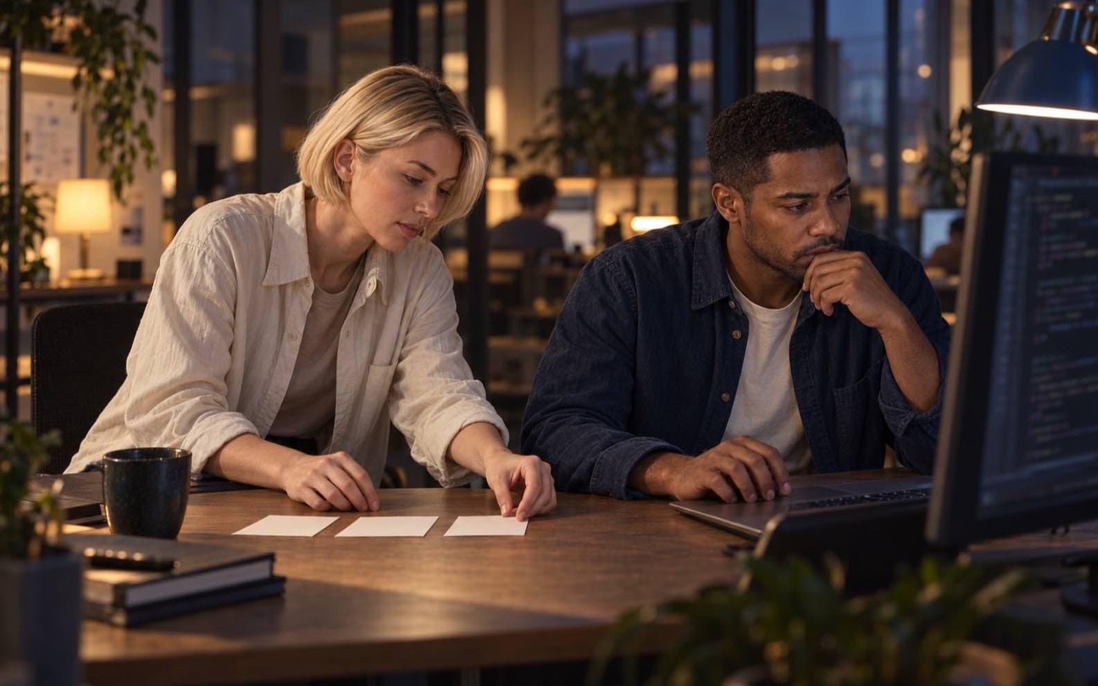 Leon studies a monitor while Mira arranges three white cards on a table during an evening work session.