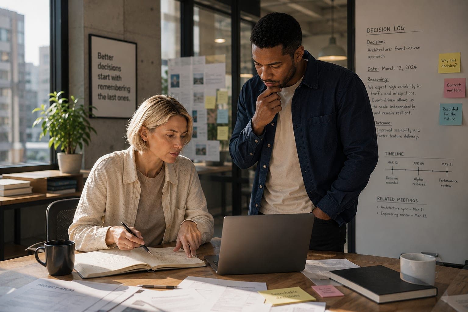 A woman writes in a notebook beside a laptop while a standing colleague reads a whiteboard headed "Decision log" — a decision, its reasoning, the outcome and the meetings it came from, kept where someone who missed the conversation can find it.