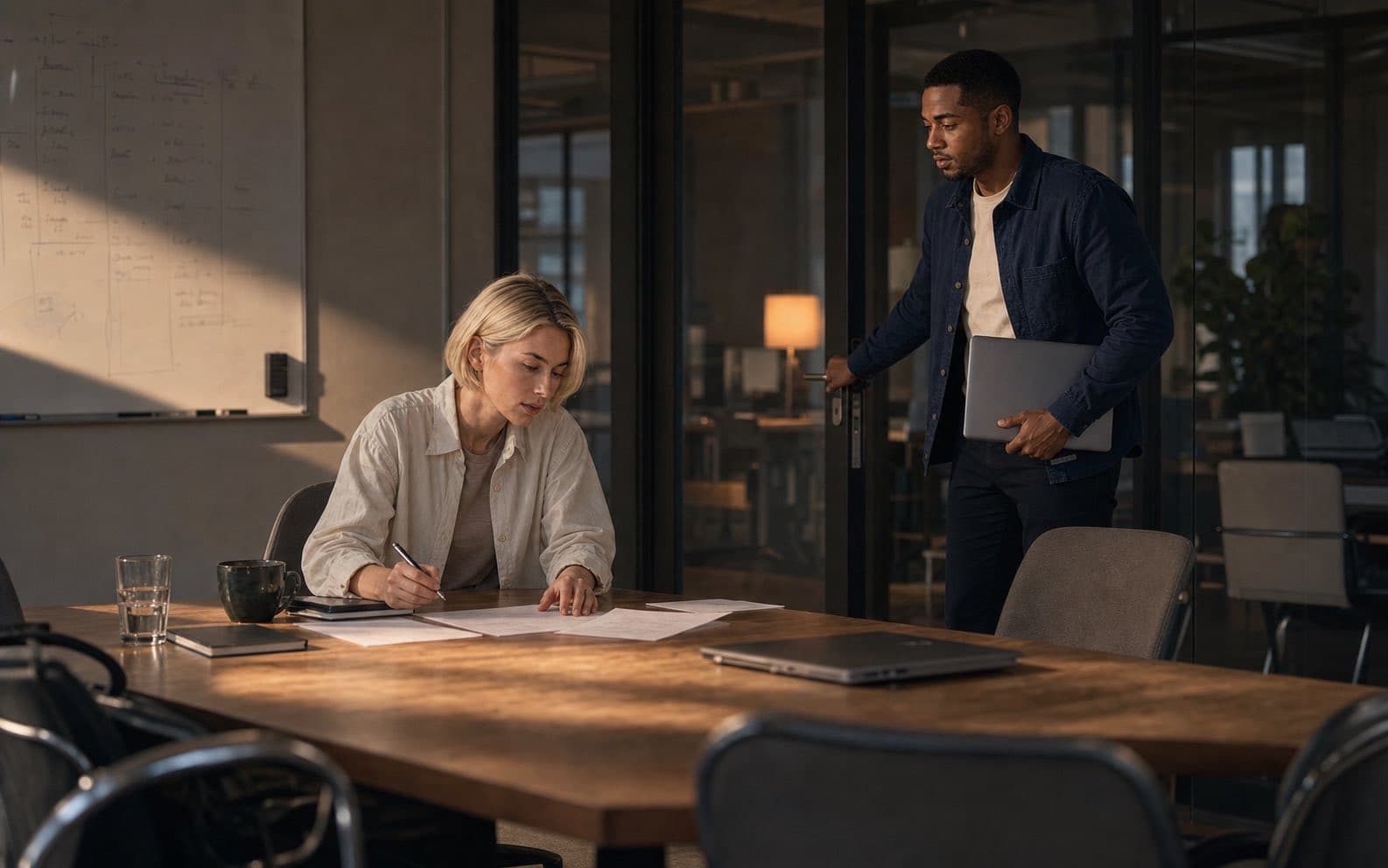 Mira documents the meeting's outcomes while Leon returns to help in the late-afternoon office.