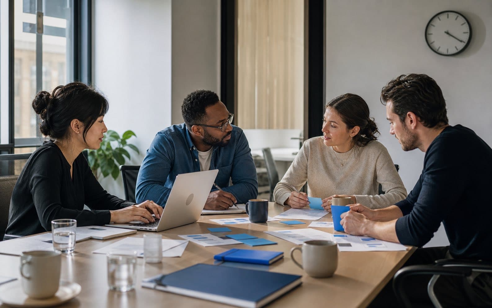 Four coworkers turn a completed office meeting into documented decisions and follow-up work.