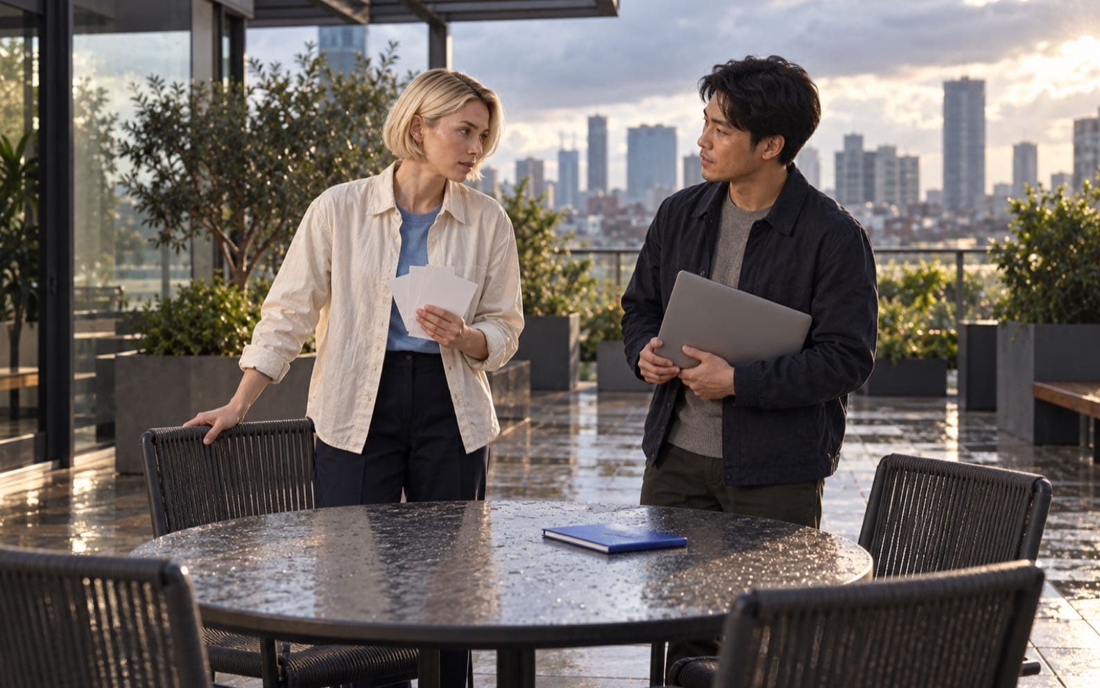 Mira gathers agenda cards from an empty rooftop meeting table while deciding next steps with a teammate after rain.