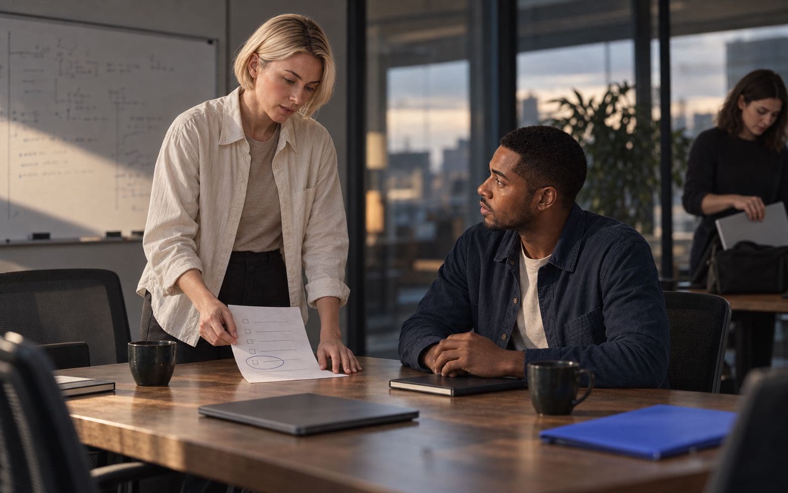 Mira marks the final agenda item on a paper while Leon listens and a teammate packs up after an unfinished meeting.