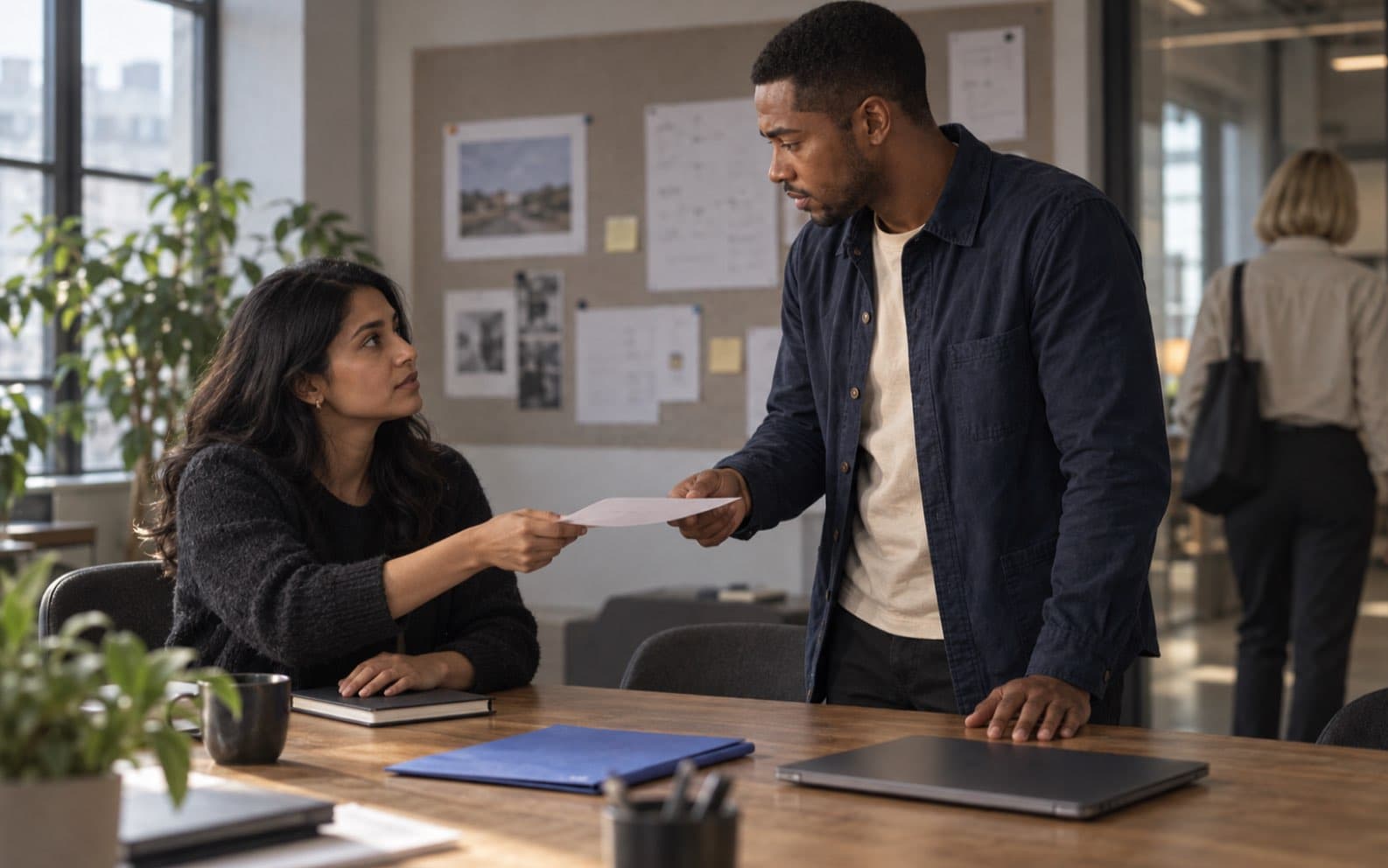 Leon accepts a project handover sheet from a teammate during a focused follow-up in a sunlit workshop.
