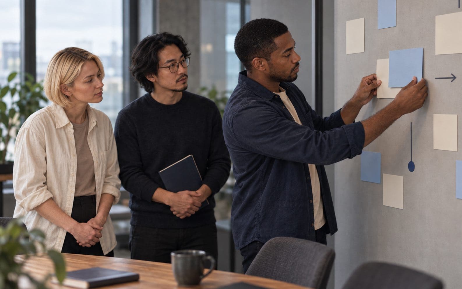 Leon places one decision card over another on a project wall while two teammates verify the change together.