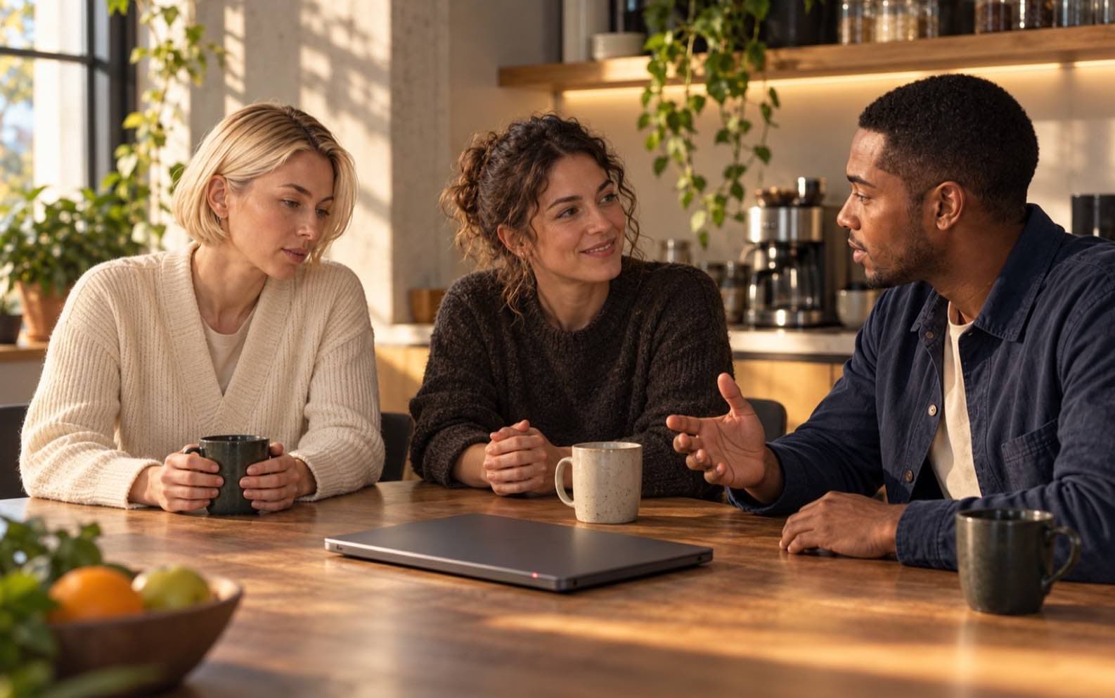 Mira holds a coffee mug while Leon talks with a teammate beside a closed laptop.