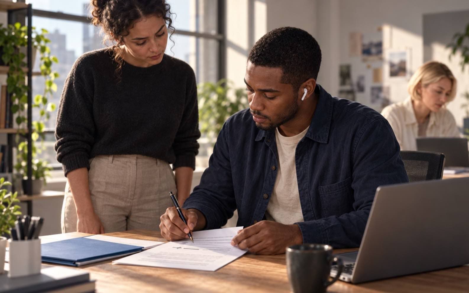 Leon writes on a printed transcript while a teammate watches and Mira works in the background.