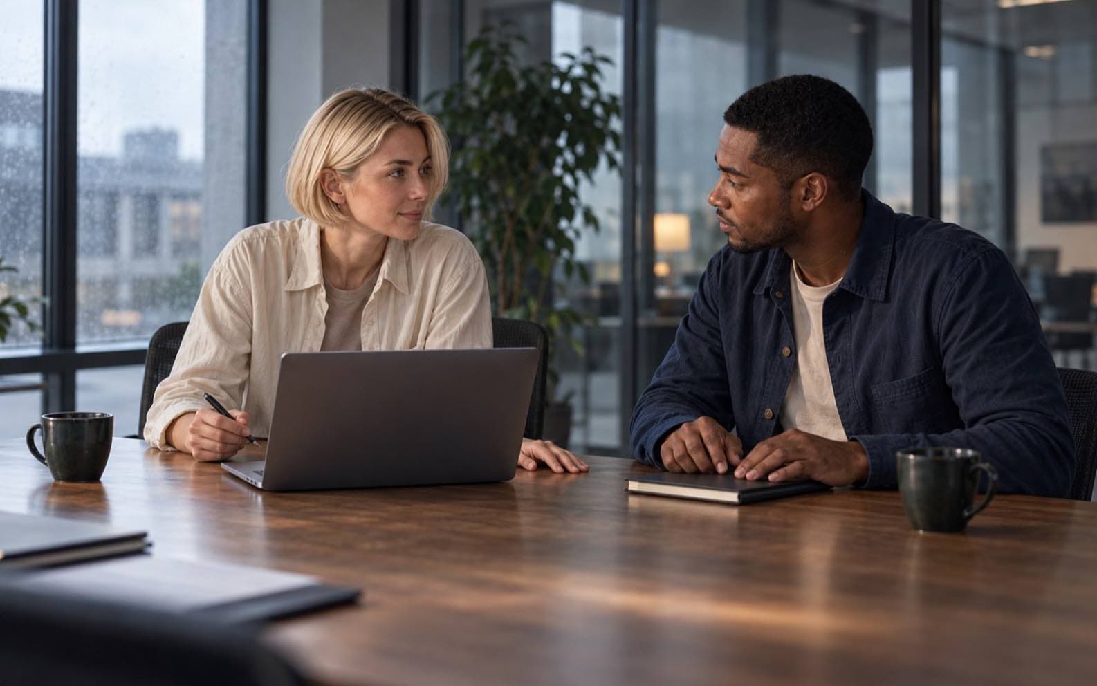 Mira and Leon exchange a quiet look across a laptop after a meeting.