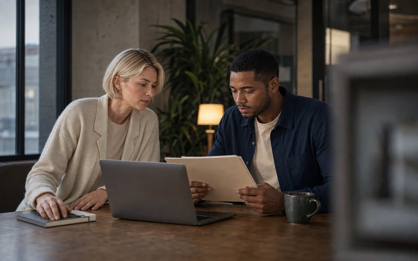 Mira and Leon recover an earlier decision record and compare its reasoning with their laptop.