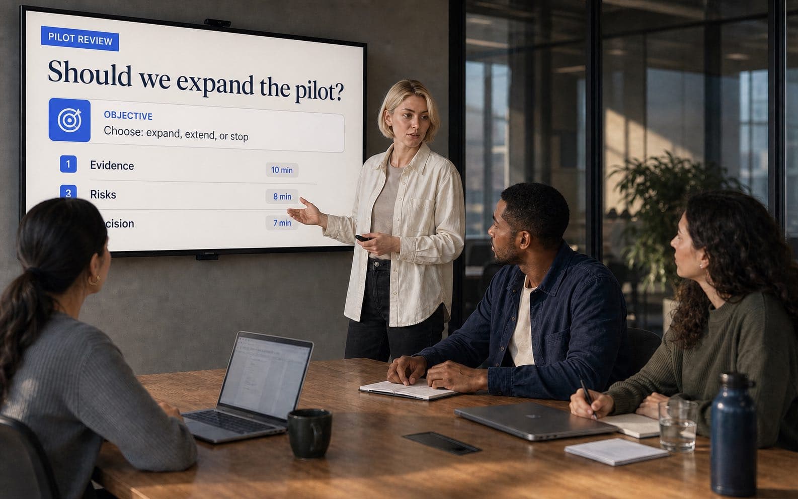 Mira presents an objective-and-agenda slide on the meeting-room screen while Leon and two teammates follow the discussion.